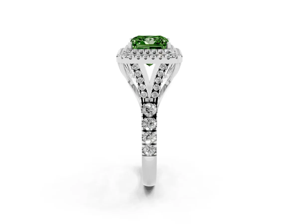 Fancy Green Princess Cut Diamond Pavé Split Shank Double Halo Engagement Ring Silver