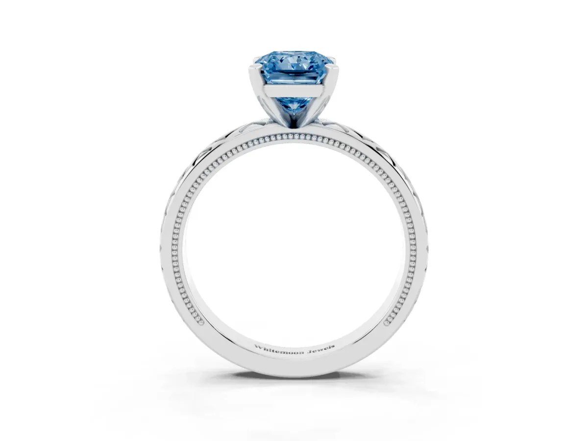 Fancy Blue Radiant Cut Solitaire Diamond Ring with Milgrain and Black Enamel X Pattern Band Silver