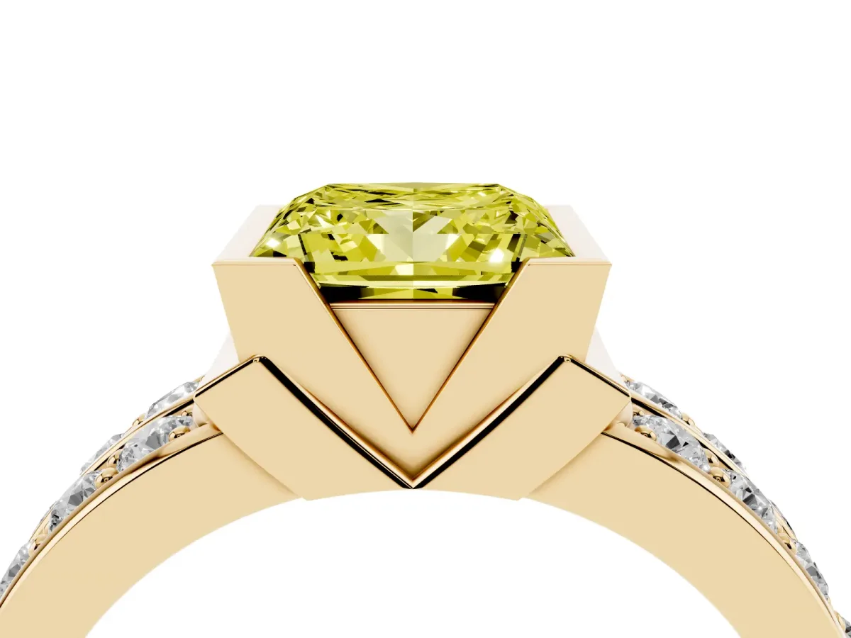 Fancy Yellow Princess Cut Brilliant Diamond Channel Set Wide Band Ring with Bezel Setting Yellow gold