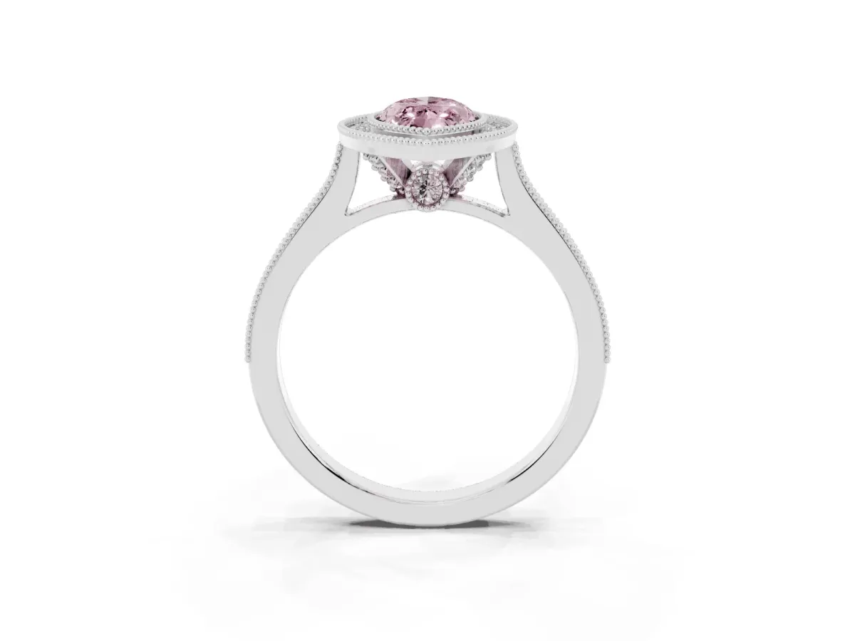 Fancy Pink Halo Marquise Cut-Cut Diamond Pave Band Milgrain Prong Setting Ring Silver