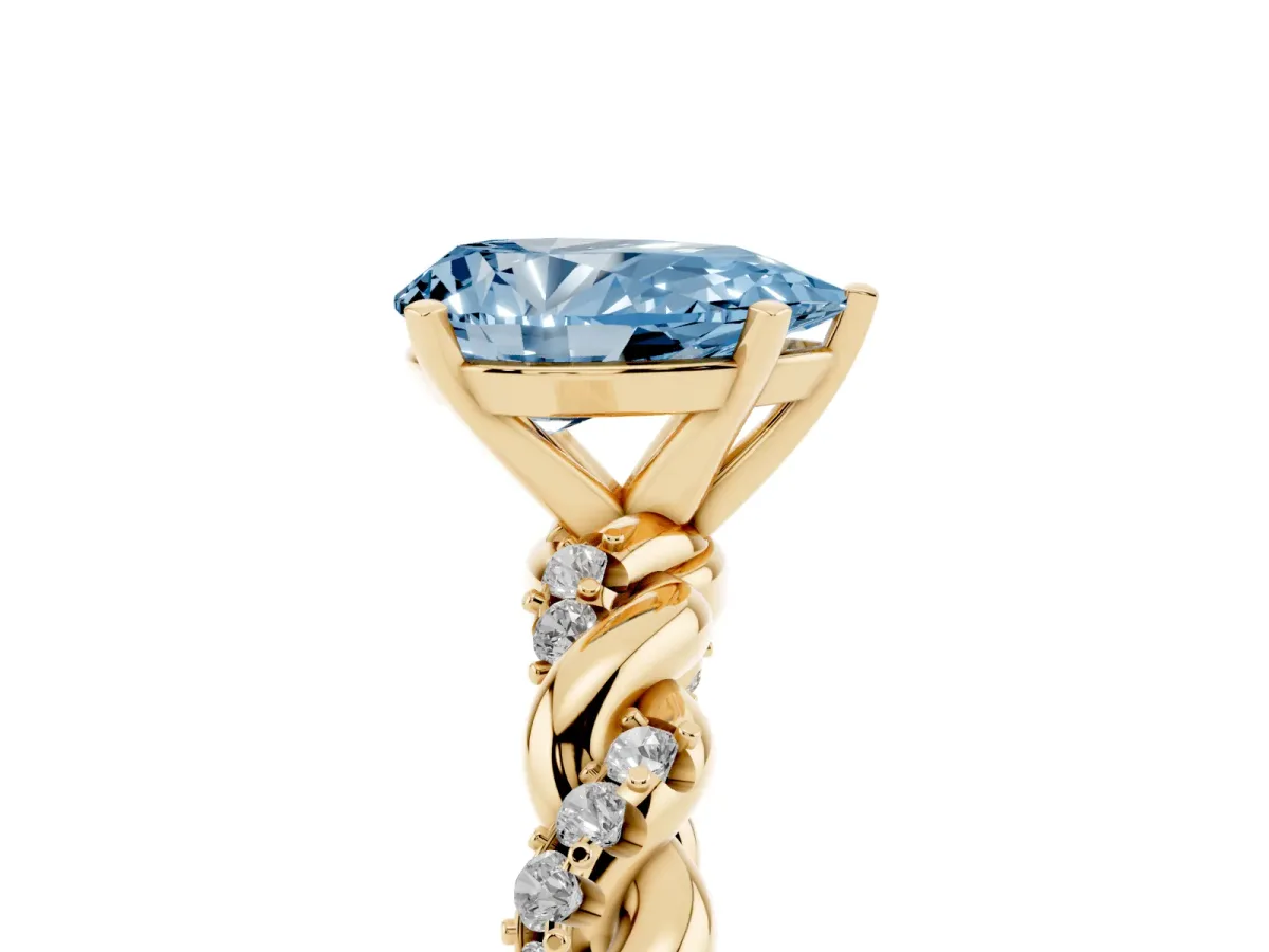 Fancy Blue Pear Cut Diamond Solitaire Ring with Twisted Band and Pavé Accents Yellow gold