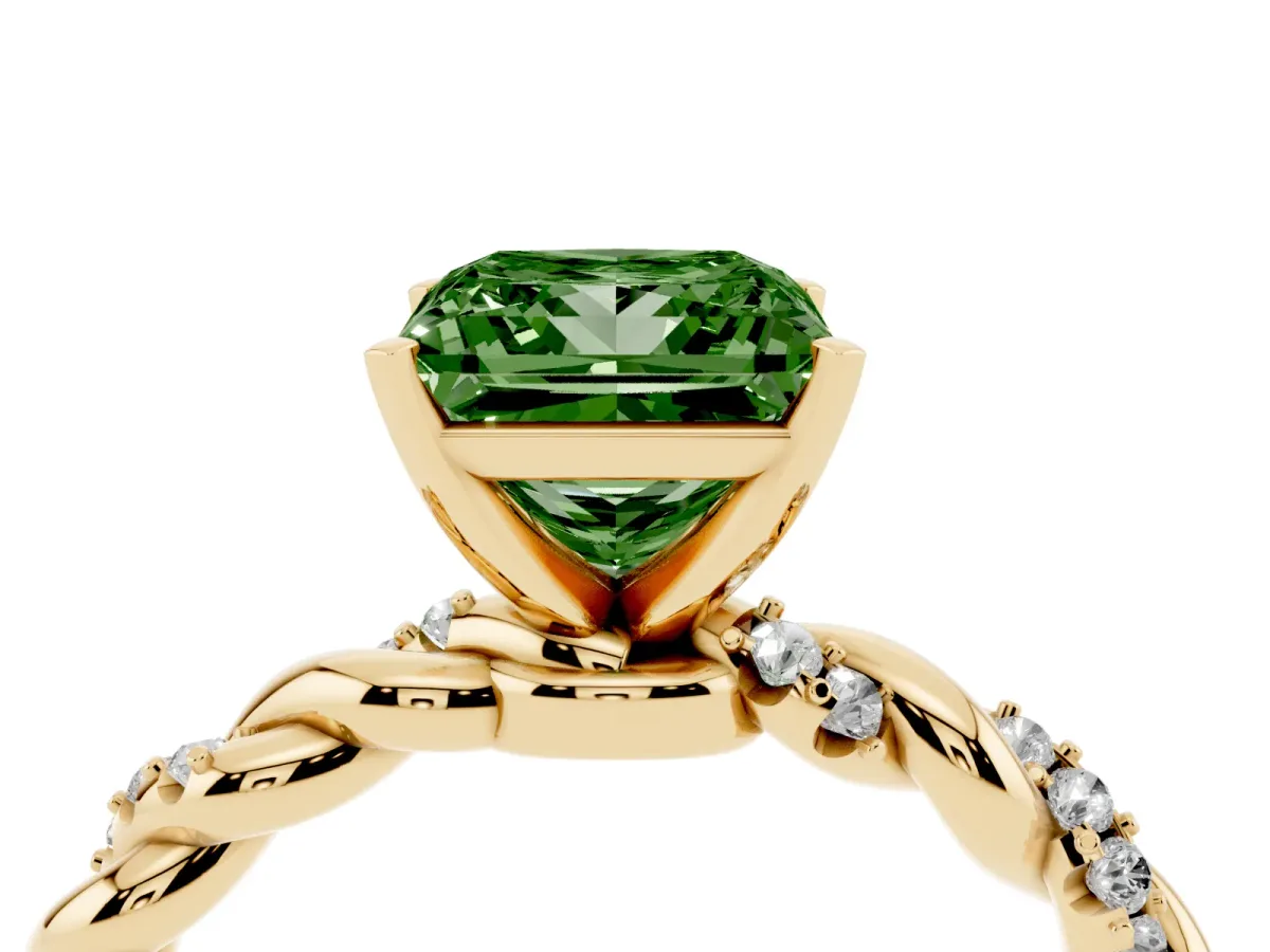 Fancy Green Princess Cut Diamond Solitaire Ring with Twisted Band and Pavé Accents Yellow gold