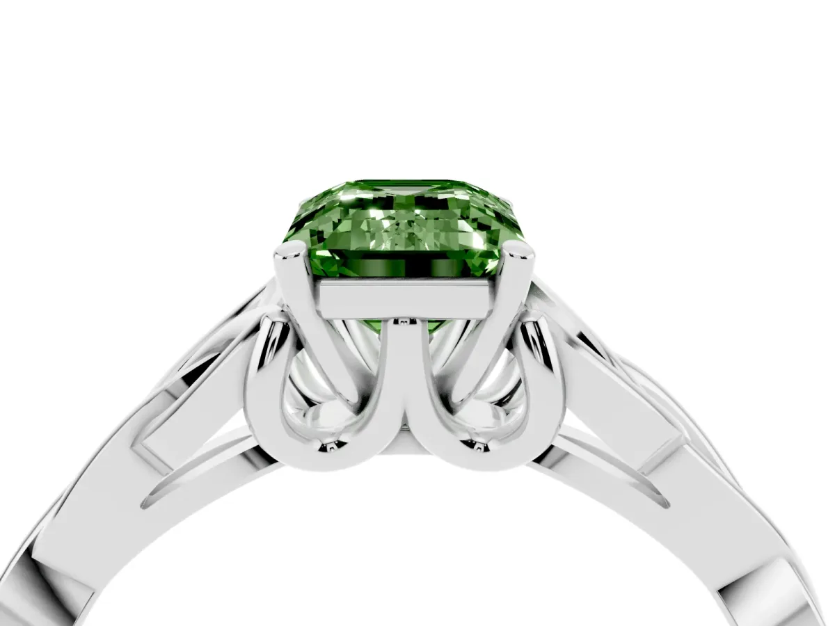 Fancy Green Emerald Cut Diamond Solitaire Engagement Ring with Celtic Knot Band and Four-Prong Setting White gold