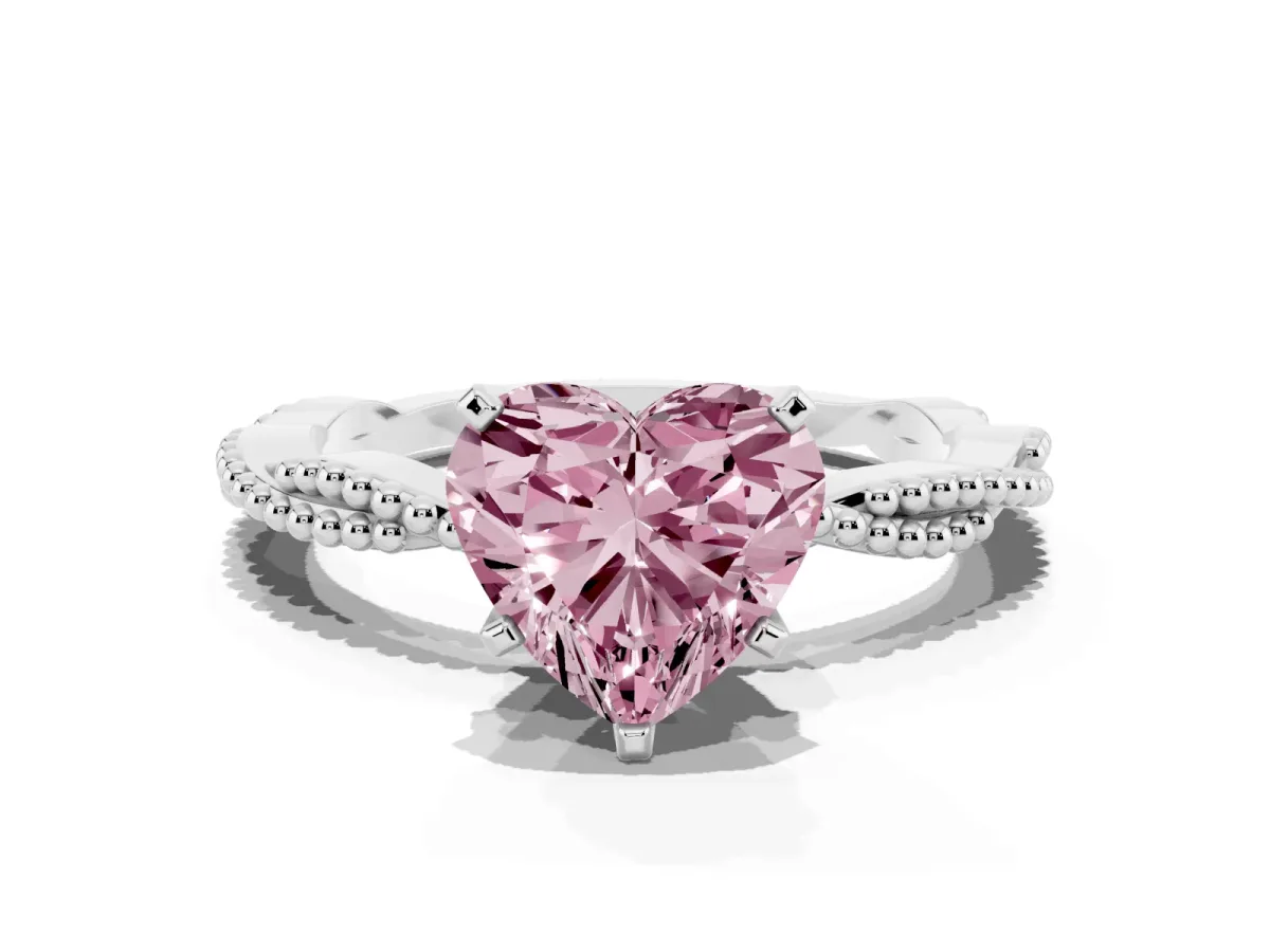 Fancy Pink Heart Cut Solitaire Twisted Band with Bead Prong Setting Silver