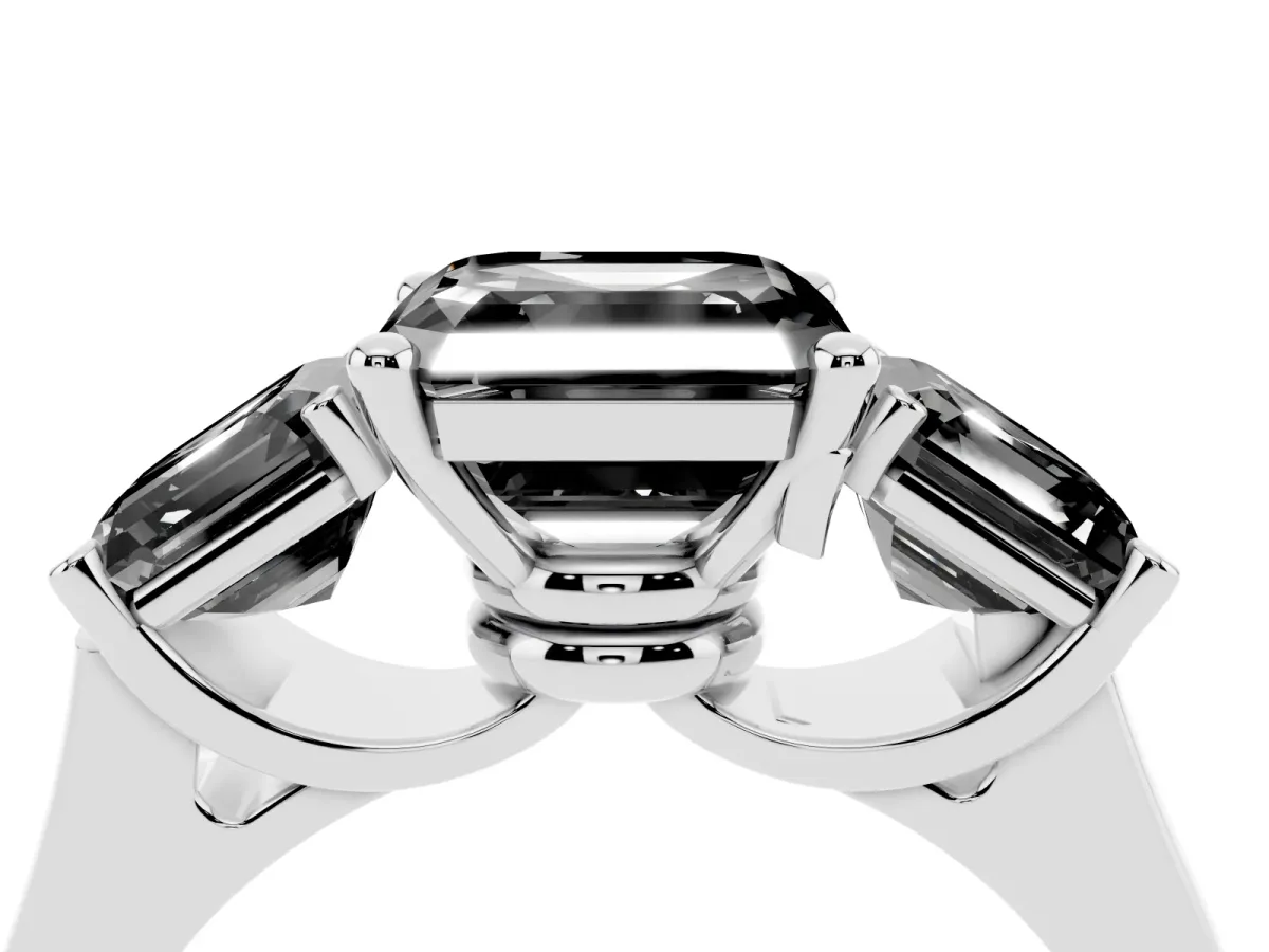 Fancy Black Three-Stone Asscher Cut Brilliant Diamond Trellis Ring with Comfort Fit Band Platinum