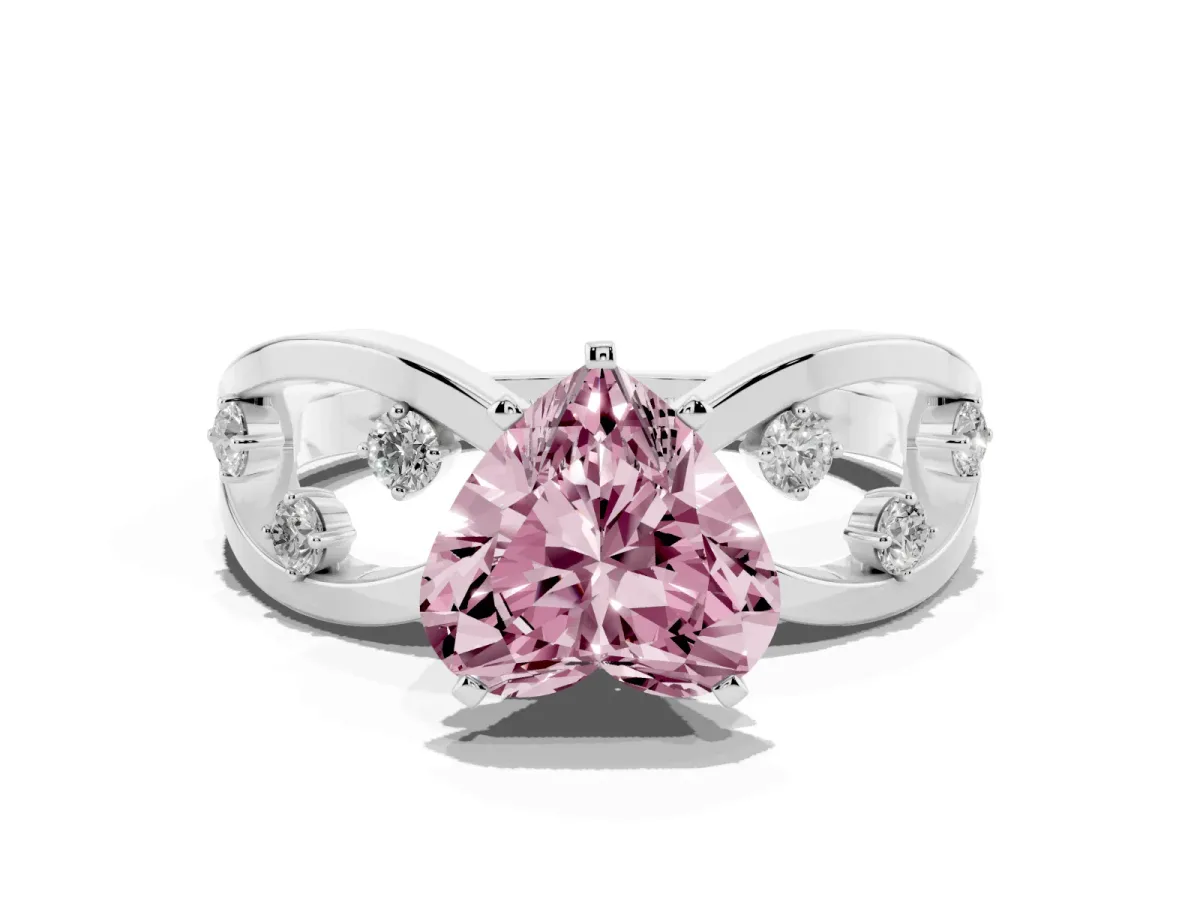 Fancy Pink Heart Cut Cut Solitaire Diamond with Side Stones on Criss-Cross Band and Four-Prong Setting Silver