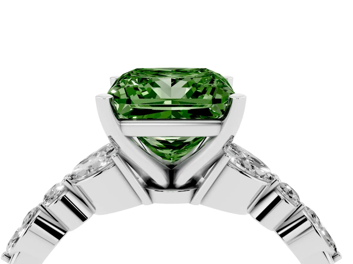 Fancy Green Princess Cut Diamond Solitaire Ring with Side Stones and Four-Prong Setting Silver