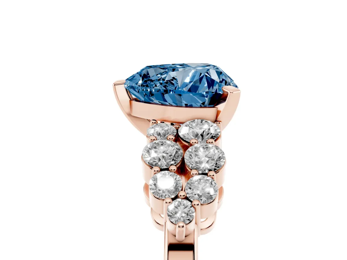Fancy Blue Heart Cut Cluster Diamond Engagement Ring with Pavé Band and Four-Prong Setting Rose gold