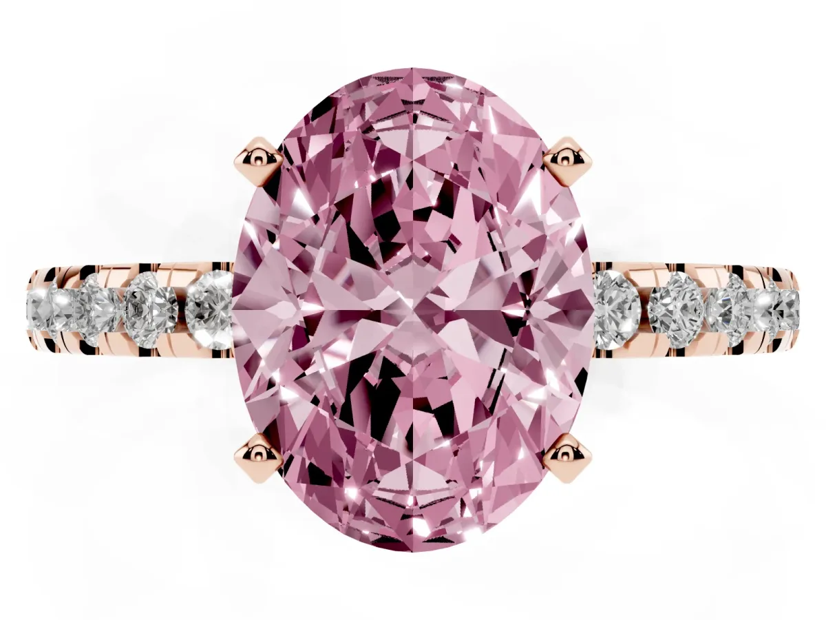 Fancy Pink Oval Cut Diamond Solitaire Ring with Round Pavé Band and Four-Prong Setting Rose gold