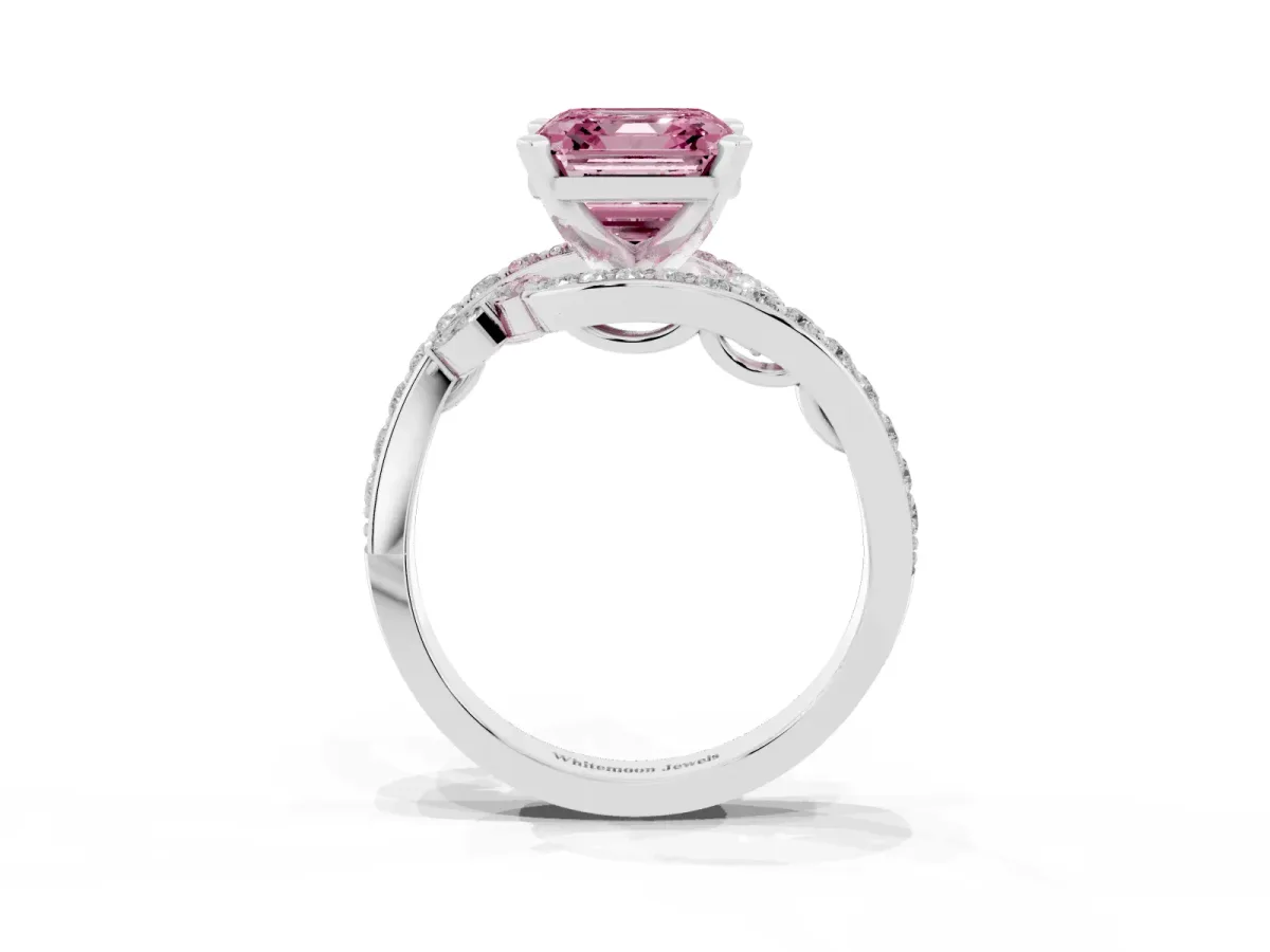 Fancy Pink Asscher Cut Solitaire with Pavé Twist Band and Four-Prong Setting Platinum