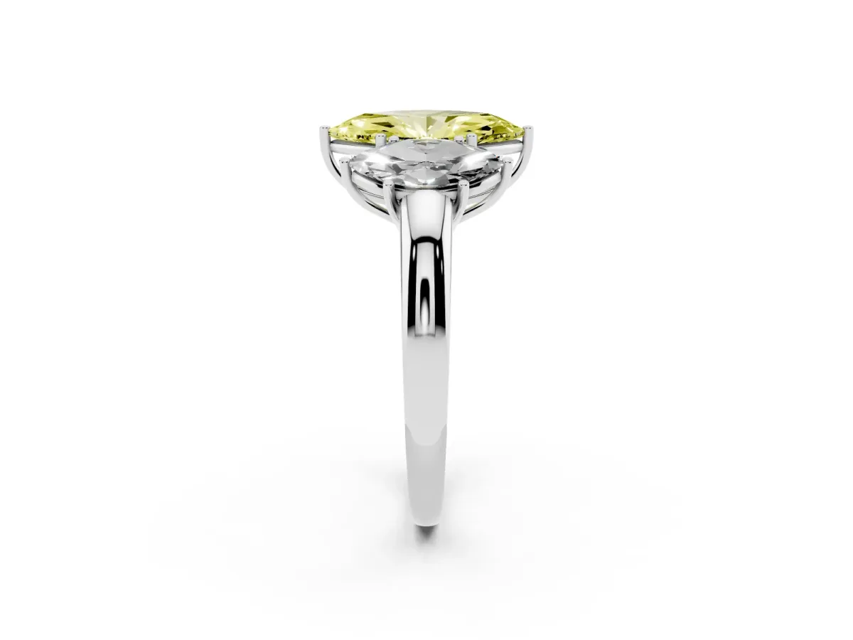 Fancy Yellow Marquise Cut Diamond Three-Stone Ring with Four-Prong Setting and Classic Band Silver