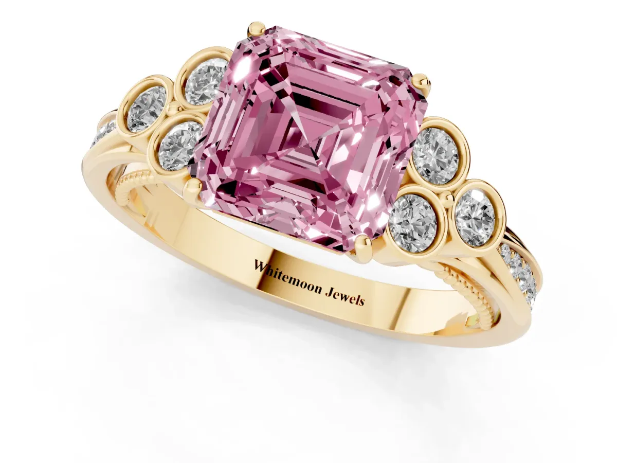 Fancy Pink Asscher Cut Cut Diamond Engagement Ring with Bezel Set Round Side Stones and Prong Setting Yellow gold