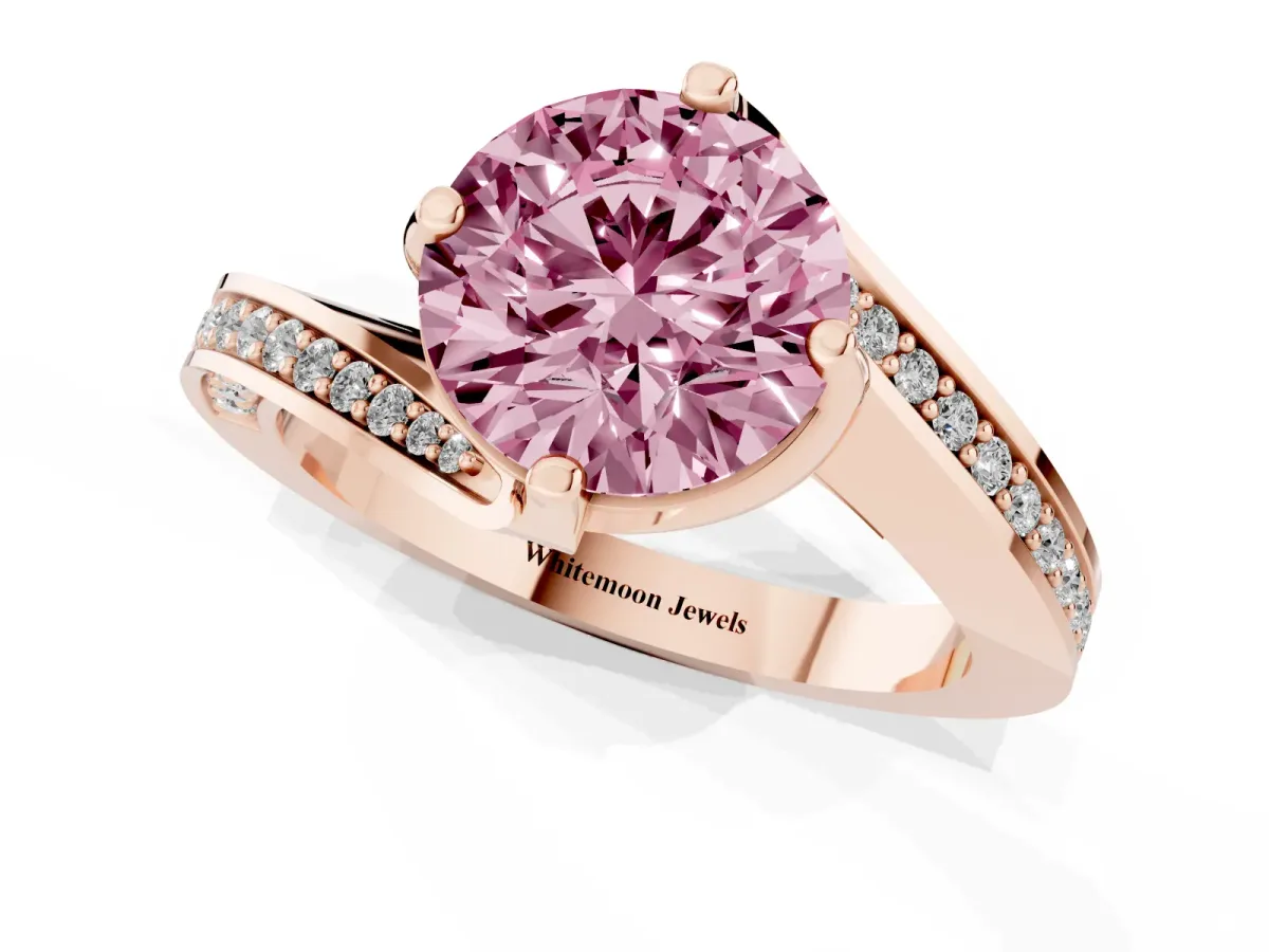 Fancy Pink Round Cut Solitaire Diamond Twist Band with Pavé Setting and Four-Prong Setting Rose gold