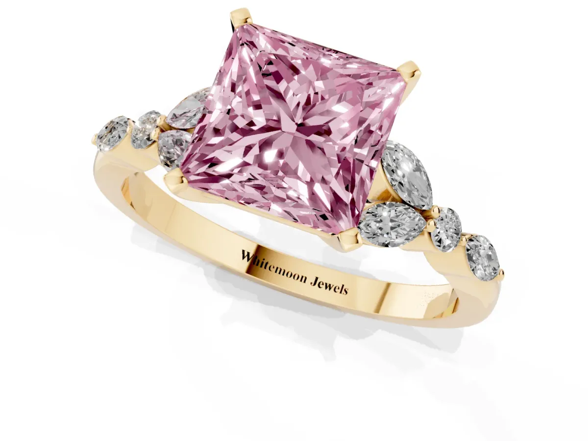 Fancy Pink Princess Cut Diamond Solitaire Ring with Side Stones and Four-Prong Setting Yellow gold