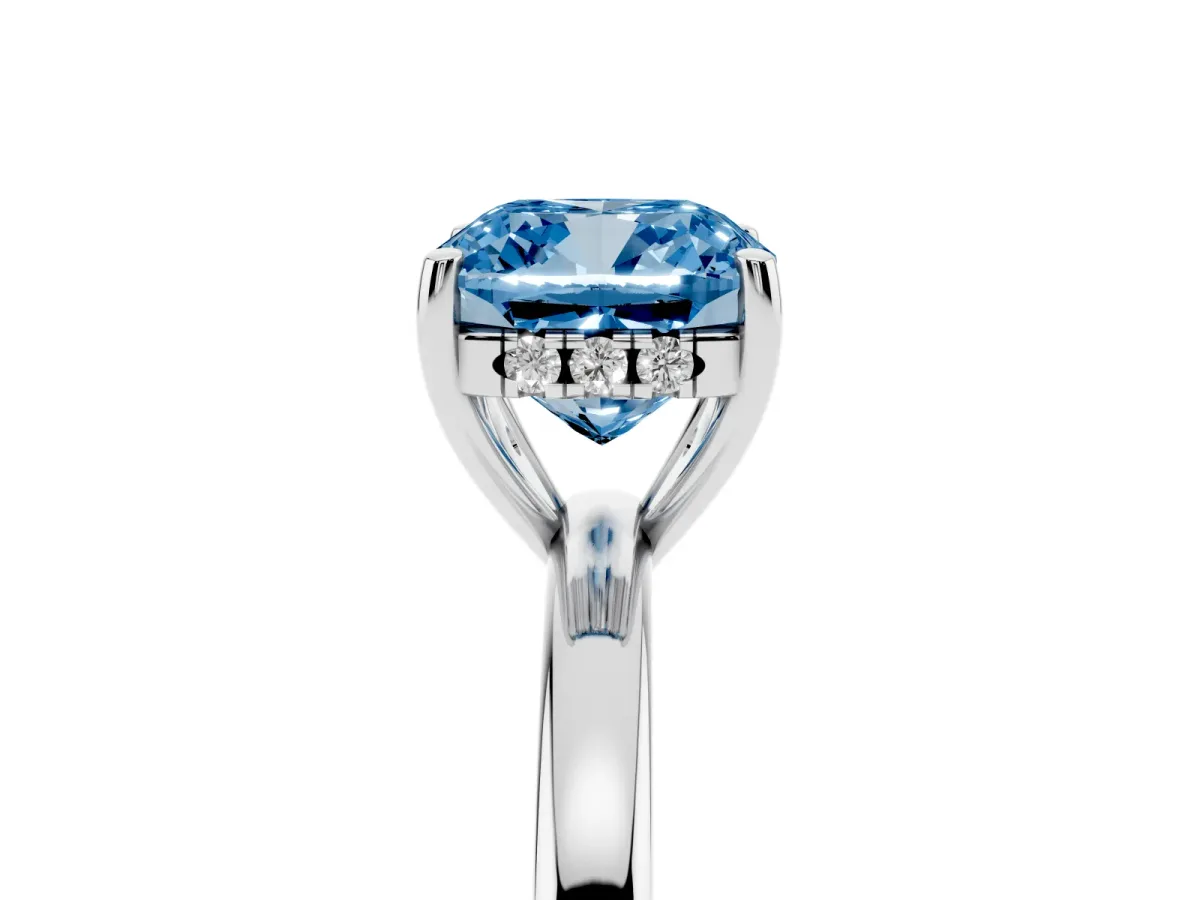 Fancy Blue Cushion Cut Solitaire Diamond Ring with Prong Setting and Plain Band Silver
