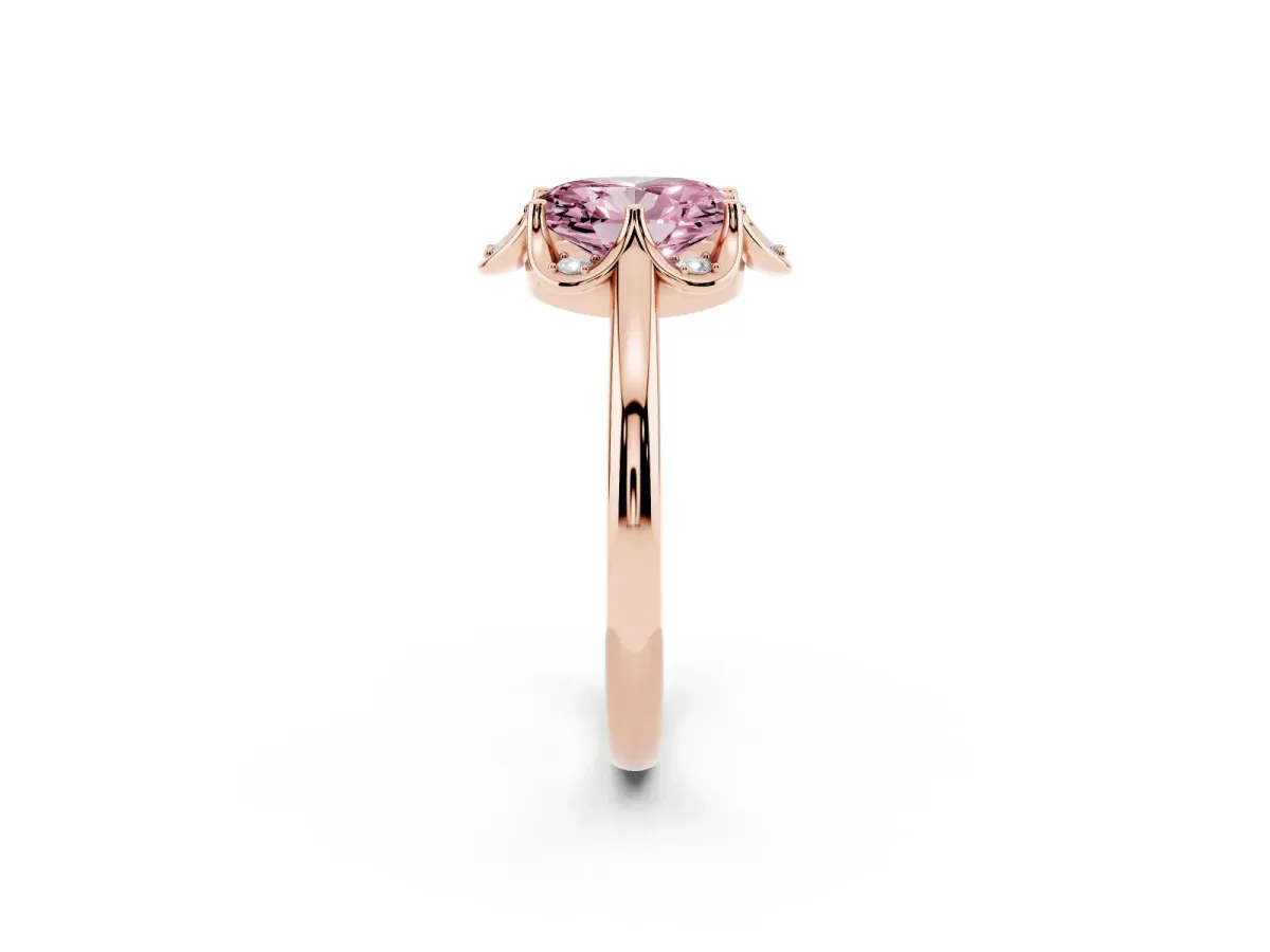 Fancy Pink Oval Cut Halo Diamond Ring with Round Cluster Setting, Solitaire Band, and Four-Prong Setting Rose gold