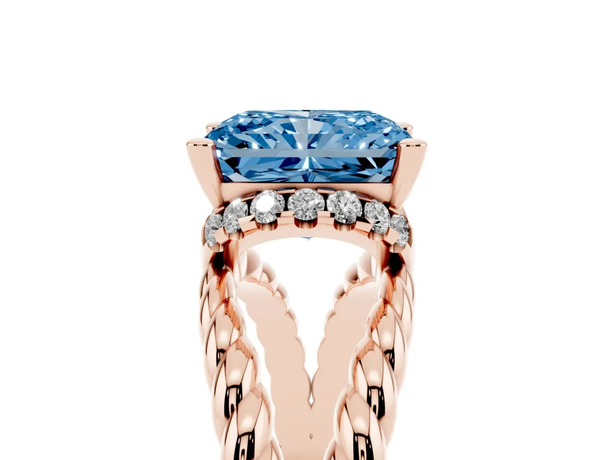 Fancy Blue Radiant Cut Halo Twisted Band Four-Prong Ring Rose gold
