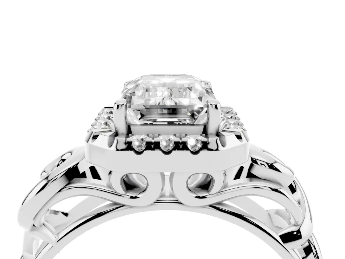 Emerald Cut Cut Halo Diamond Ring with Scrollwork Band and Four-Prong Setting Silver