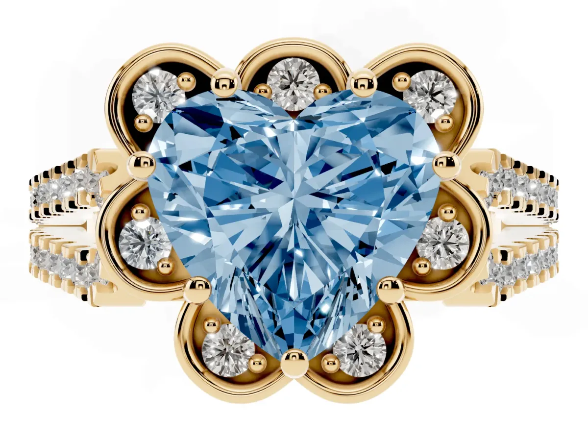Fancy Blue Heart Cut Halo Diamond Floral Split Shank Engagement Ring Yellow gold