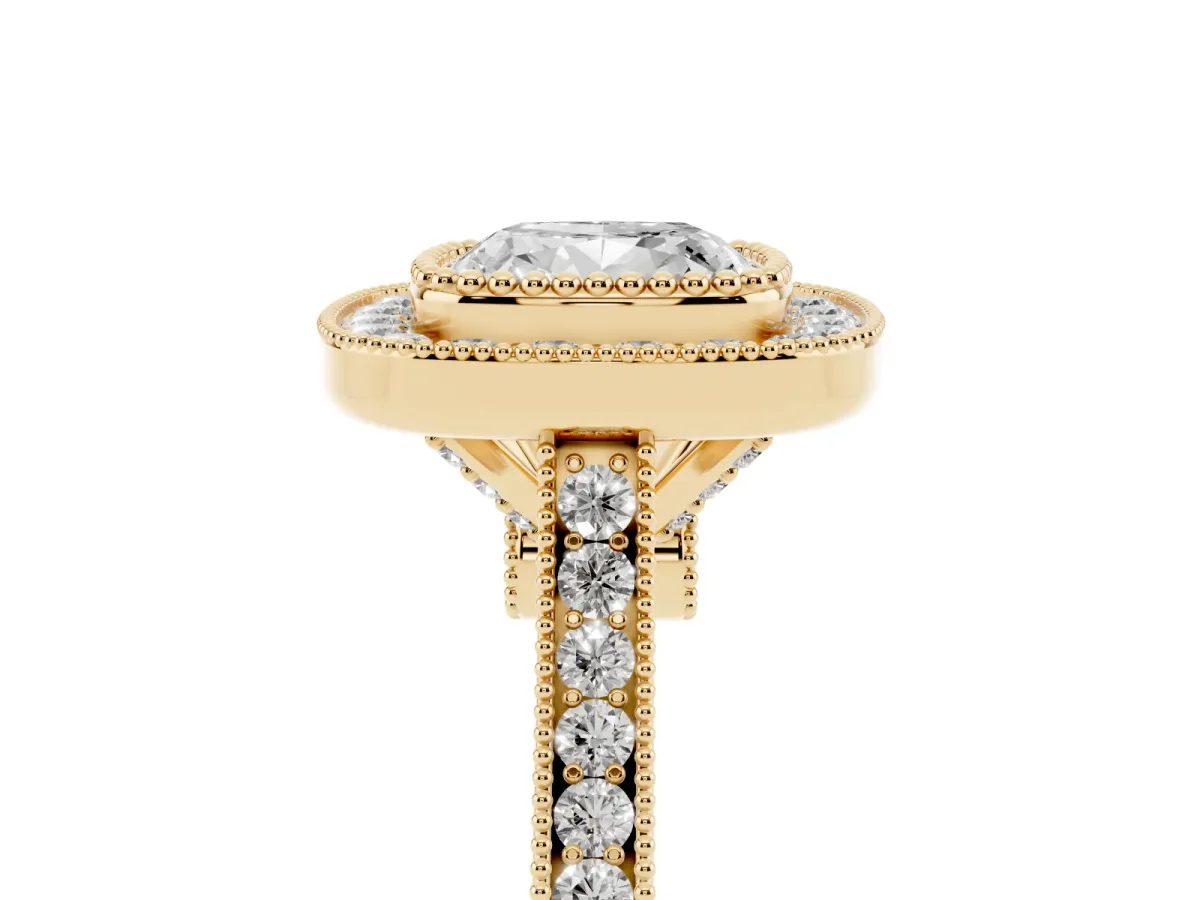 Cushion Cut Diamond Halo Ring with Milgrain Frame and Pavé Band Yellow gold