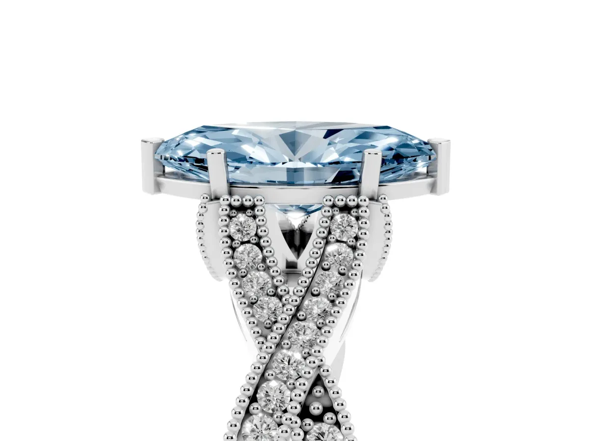 Fancy Blue Marquise Cut Cut Diamond Twisted Band with Milgrain Pave Setting and Four-Prong Setting Silver