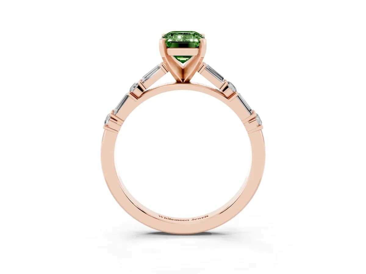 Fancy Green Emerald Cut Diamond Solitaire with Side Baguettes and Channel Set Band Rose gold