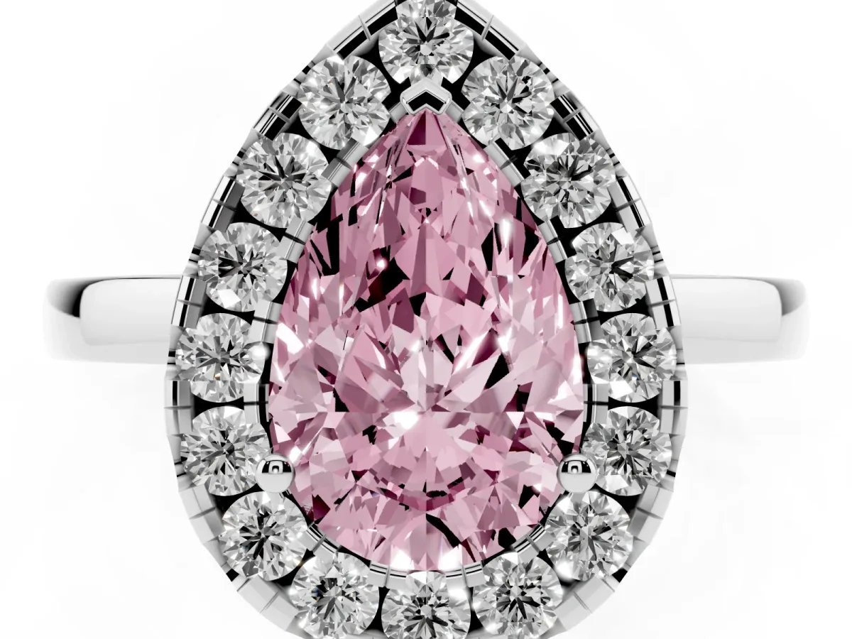 Fancy Pink Pear Cut Halo Diamond Solitaire with Pavé Band and Four-Prong Setting Platinum