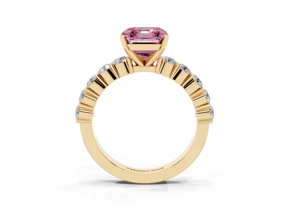 Fancy Pink Asscher Cut Diamond Solitaire Ring with Shared Prong Round Side Stones Yellow gold
