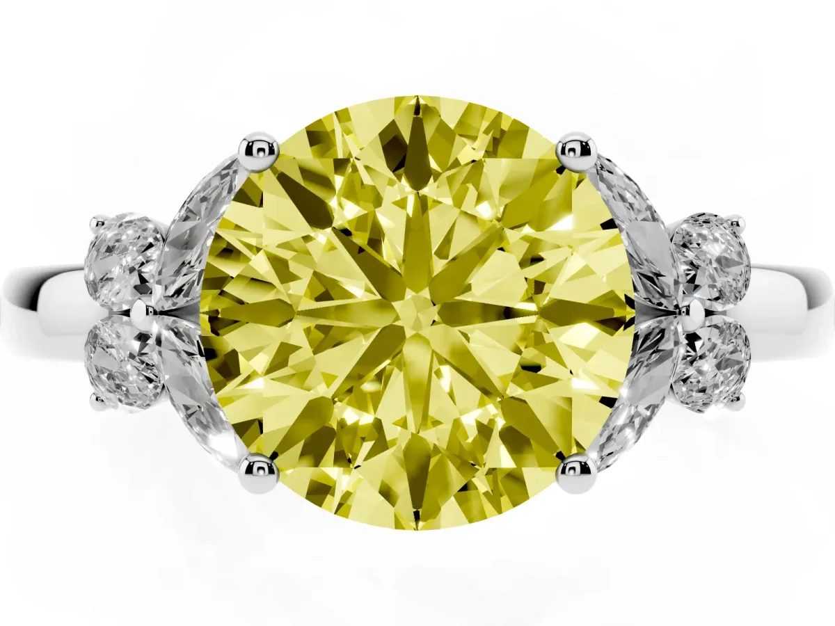 Fancy Yellow Round Cut Cut Solitaire Floral Diamond Ring with Four-Prong Setting Silver
