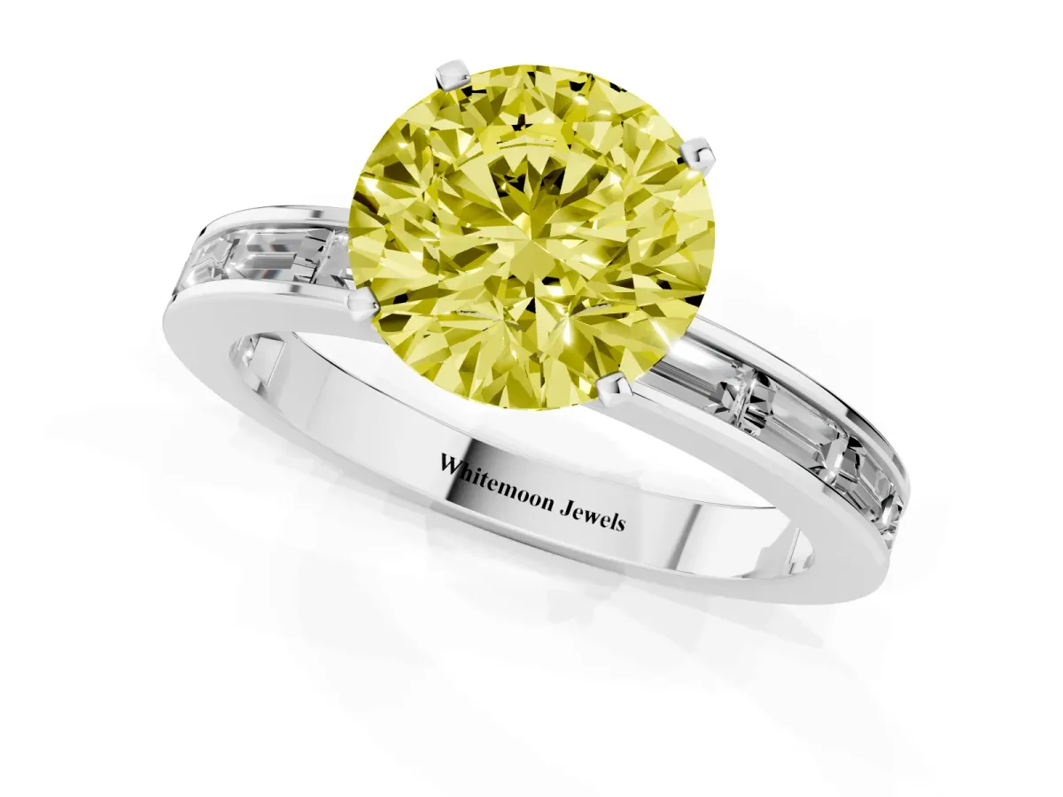 Fancy Yellow Round Cut Solitaire Diamond Ring with Channel-Set Baguette Band and Four-Prong Setting White gold