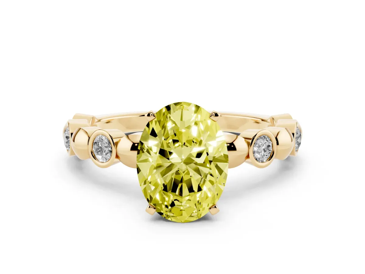 Fancy Yellow Oval Cut Solitaire Bezel-Set Diamond Ring with Beaded Band and Four-Prong Setting Yellow gold