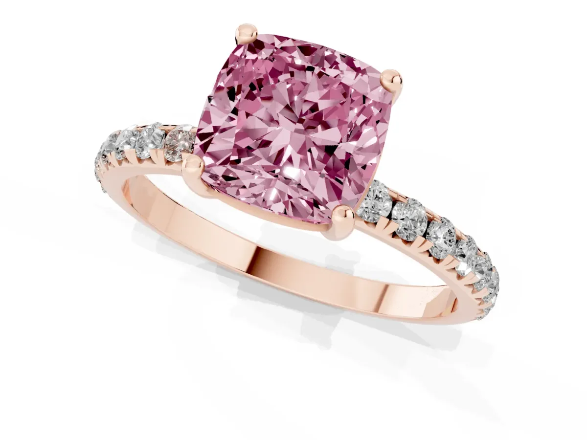 Fancy Pink Cushion Cut Cut Diamond Solitaire Ring with Micro Pave Band and Four Prong Setting Rose gold