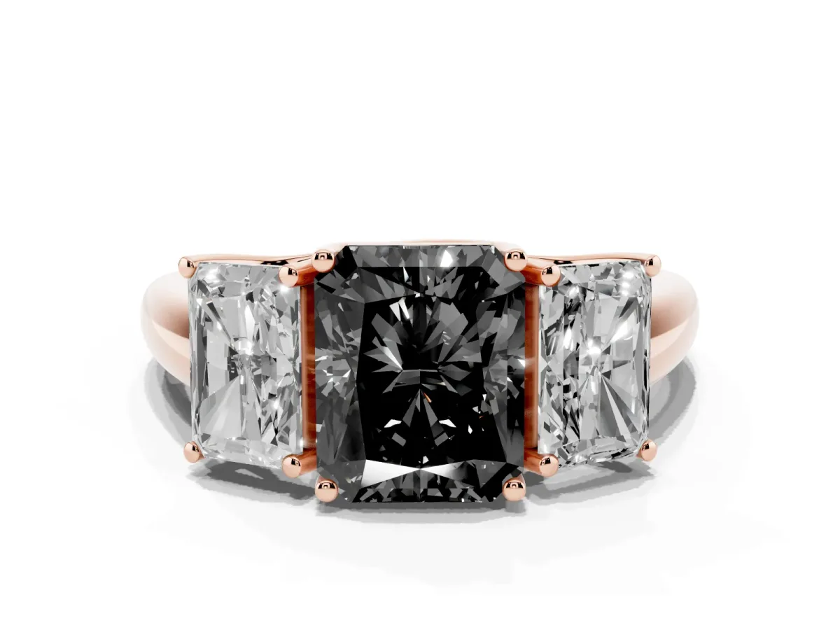 Fancy Black Three-Stone Radiant Cut Diamond Engagement Ring with Prong Setting Rose gold