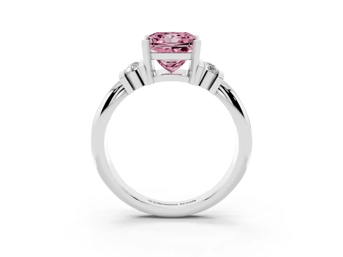 Fancy Pink Princess Cut Cut Three-Stone Channel Set Ring with Bar Prongs Silver