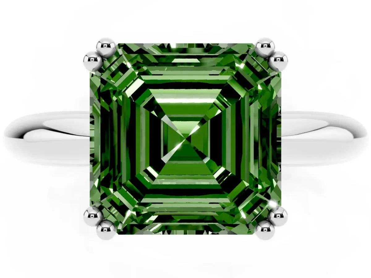 Fancy Green Asscher Cut Cut Solitaire Engagement Ring with Tapered Band and Four-Prong Setting White gold