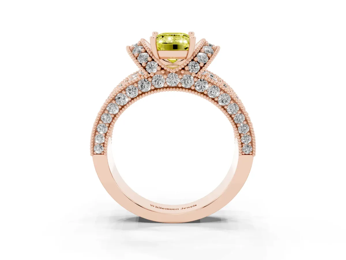 Fancy Yellow Emerald Cut Halo Pave Diamond Engagement Ring with Milgrain Detailing Rose gold
