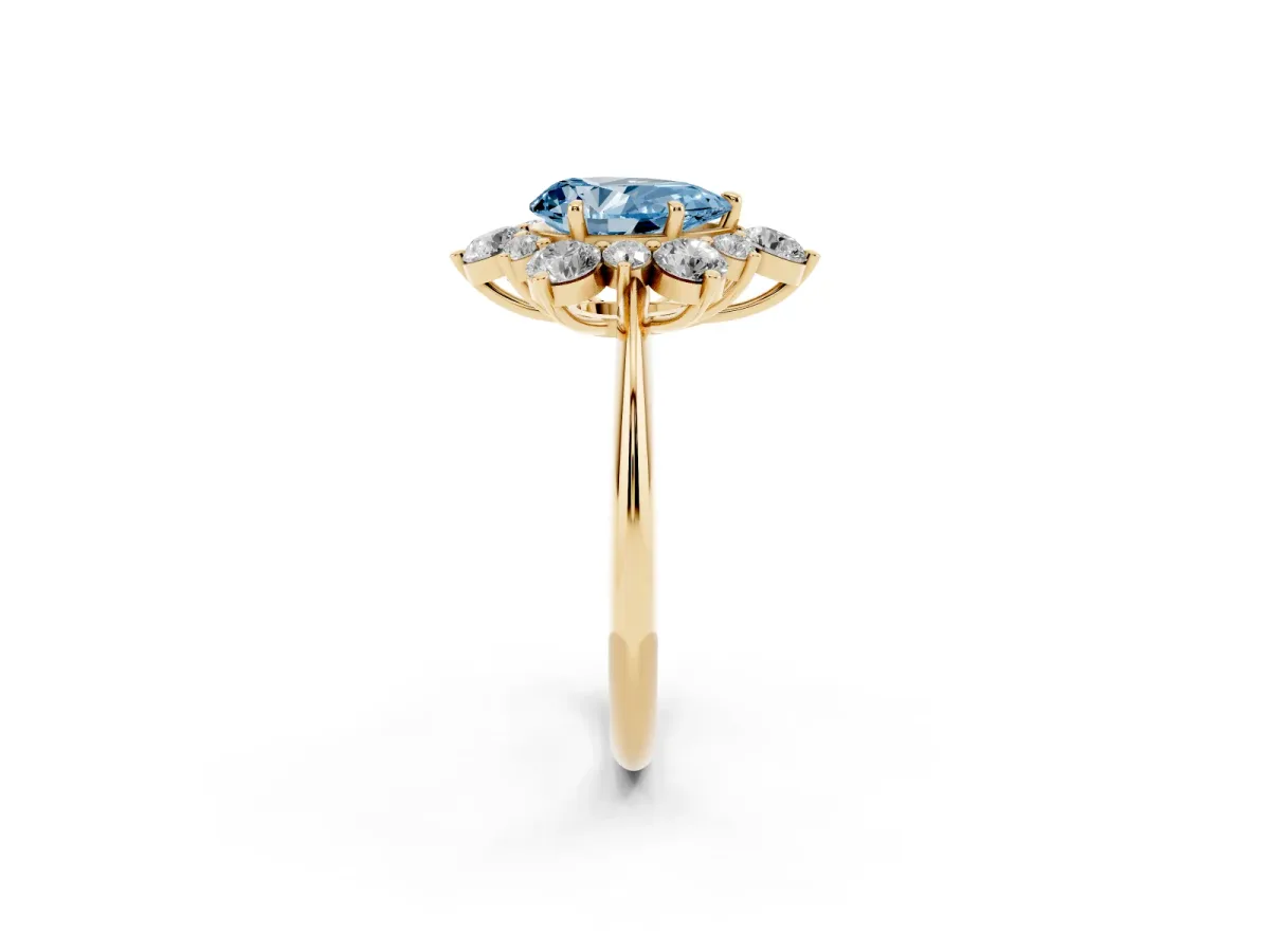 Fancy Blue Pear Cut Diamond Cluster Halo Ring with Solitaire Band and Four-Prong Setting Yellow gold