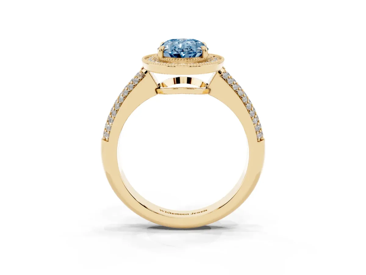 Fancy Blue Oval Cut Cut Halo Diamond Pave Band with Four-Prong Setting Yellow gold