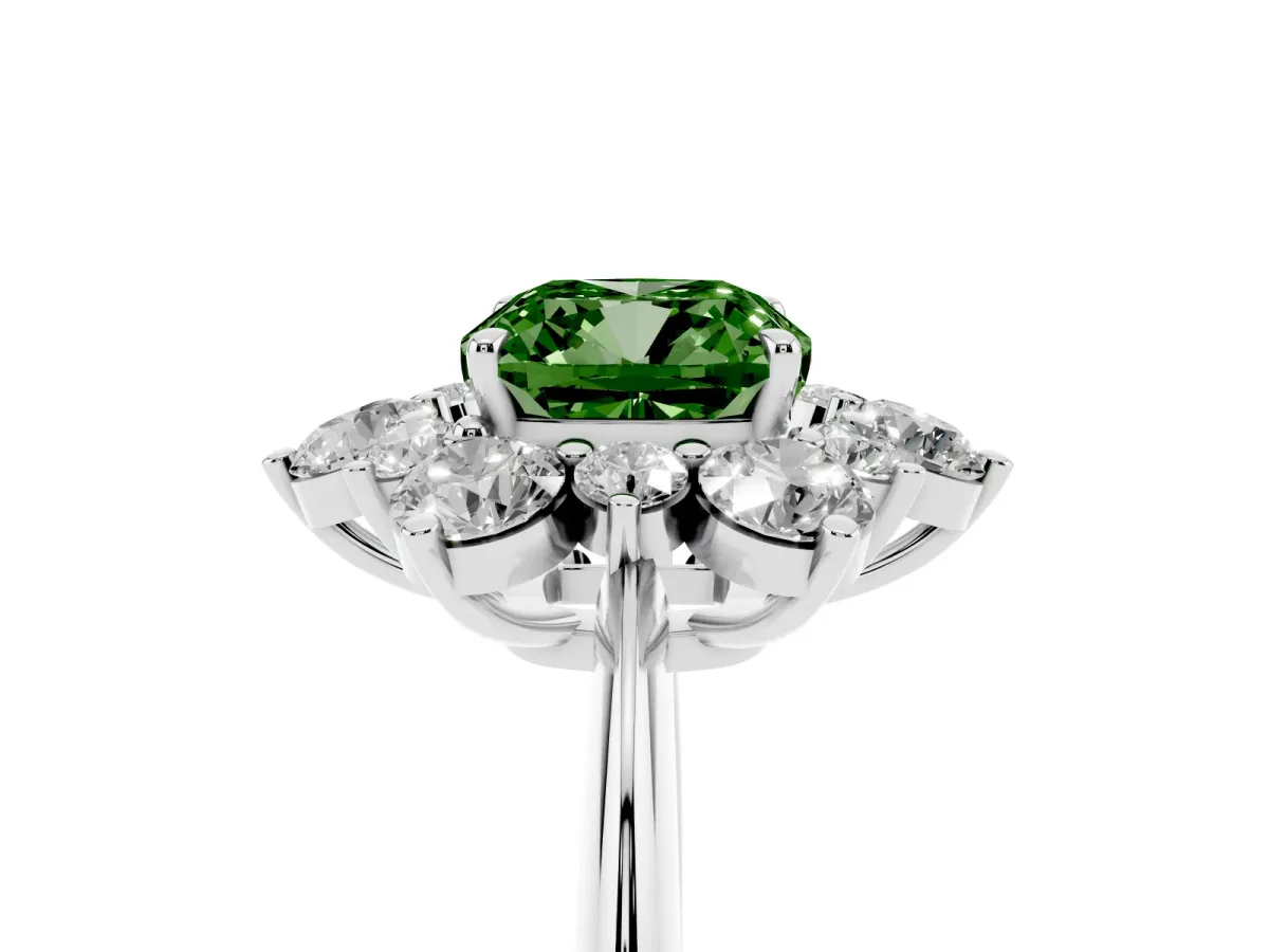 Fancy Green Cushion Cut Diamond Cluster Halo Ring with Solitaire Band and Four-Prong Setting White gold