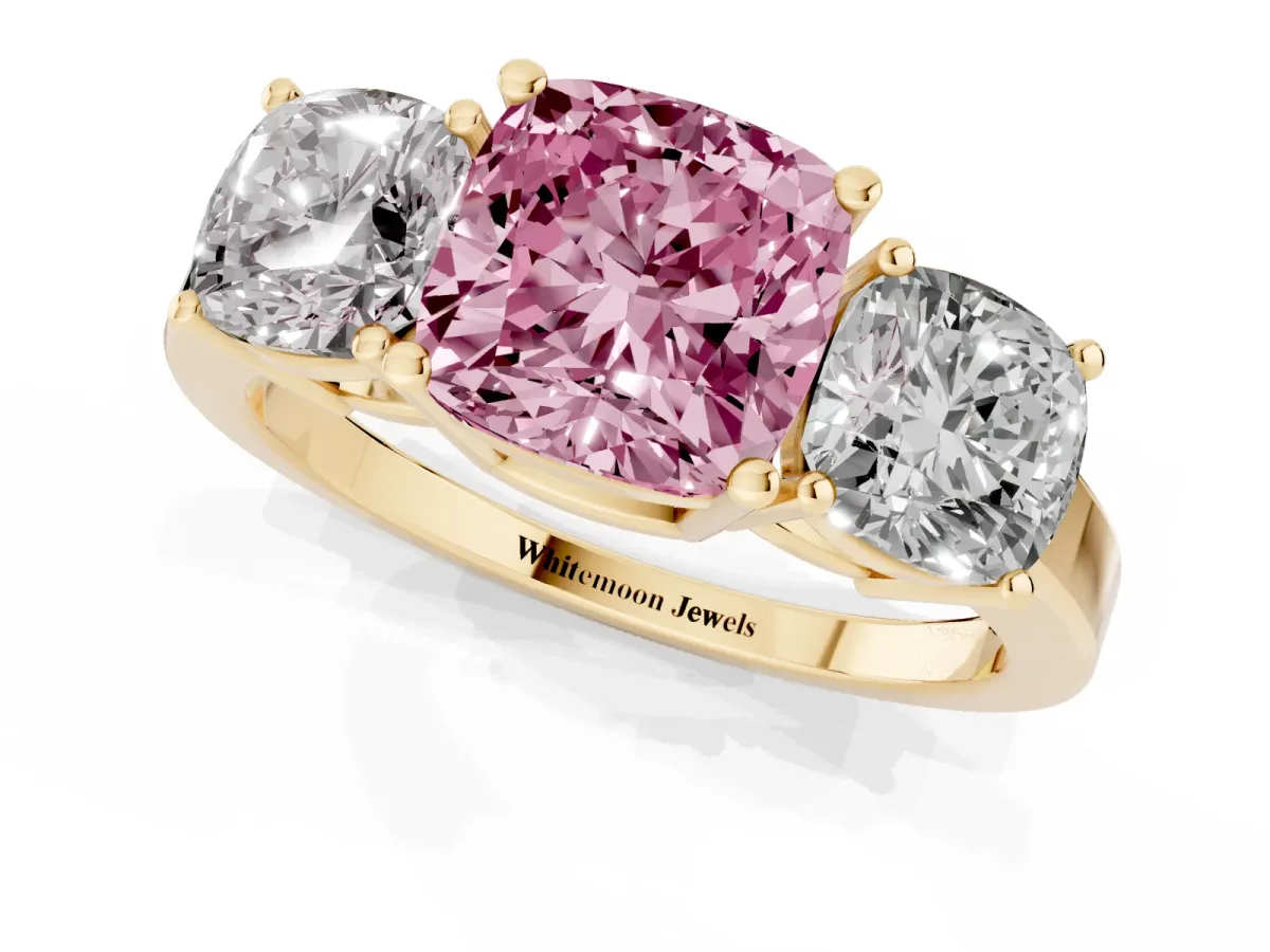 Fancy Pink Three-Stone Cushion Cut Cut Diamond Engagement Ring with Flat Band and Four-Prong Setting Yellow gold