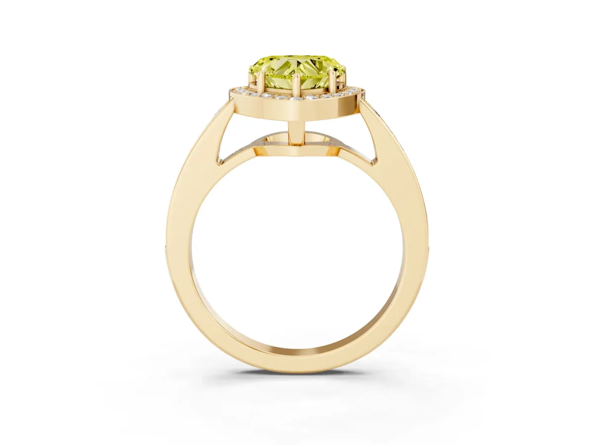 Fancy Yellow Heart Cut Halo Pavé Diamond Engagement Ring with Bezel Setting Yellow gold