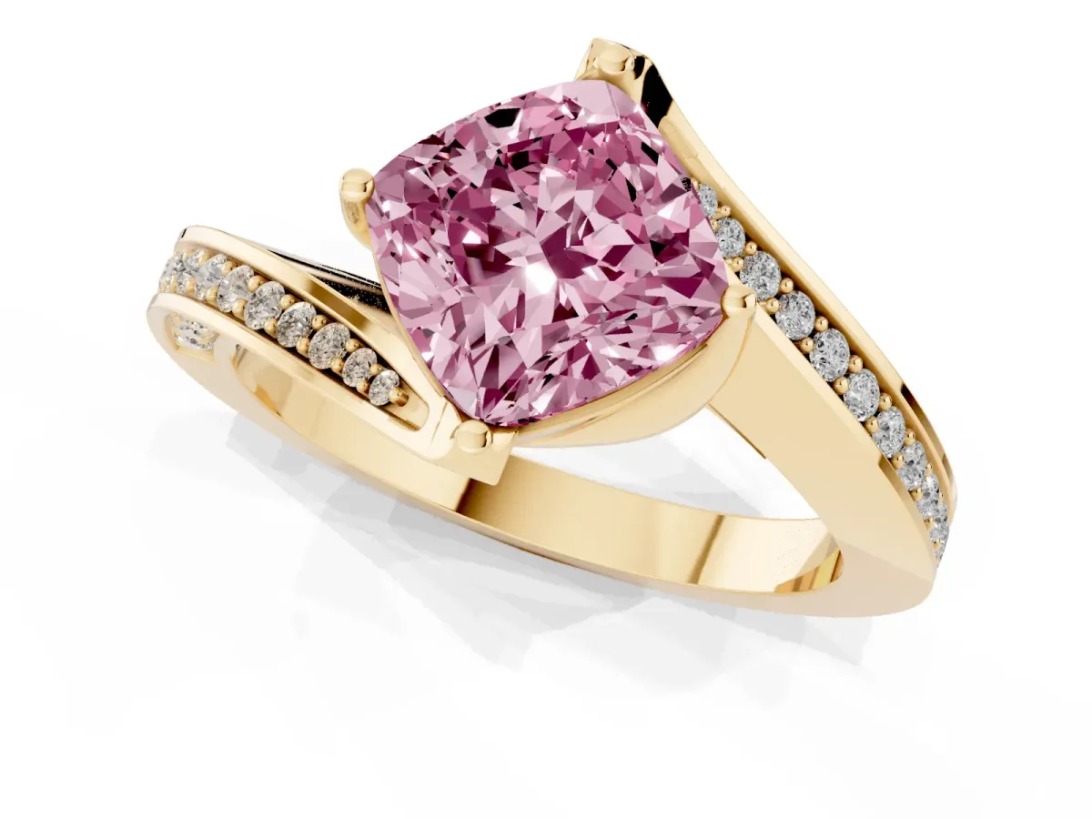 Fancy Pink Cushion Cut Solitaire Diamond Twist Band with Pavé Setting and Four-Prong Setting Yellow gold
