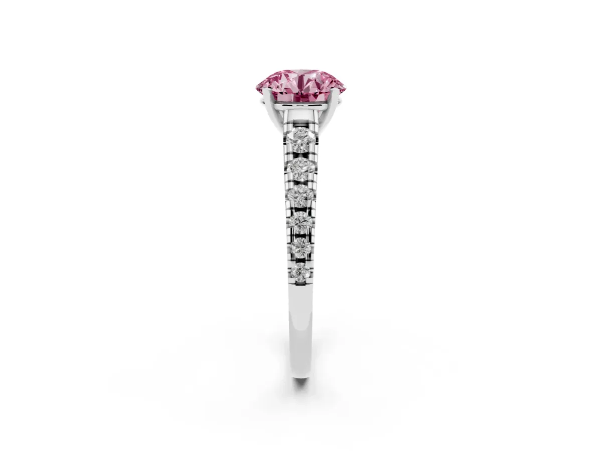 Fancy Pink Round Cut Diamond Cathedral Solitaire Ring with Round Pavé Band Silver
