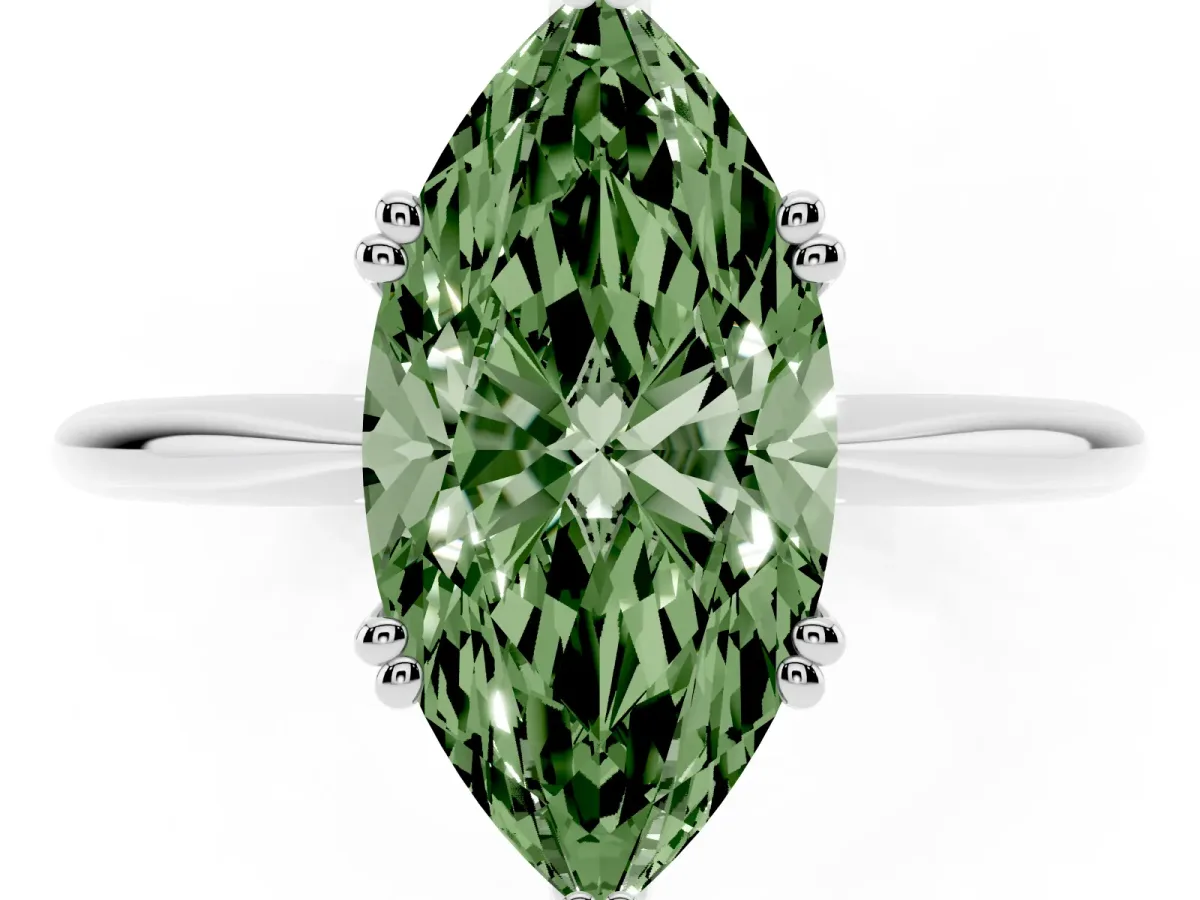 Fancy Green Marquise Cut Solitaire Diamond Ring with Six-Prong Setting and Classic Band Silver