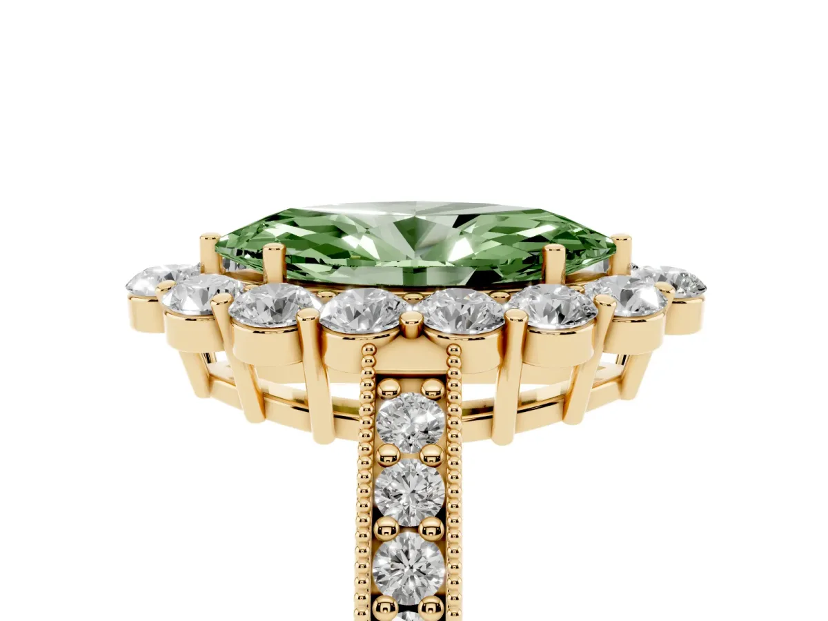 Fancy Green Marquise Cut Cut Halo Diamond Pavé Engagement Ring with Milgrain Detailing Yellow gold