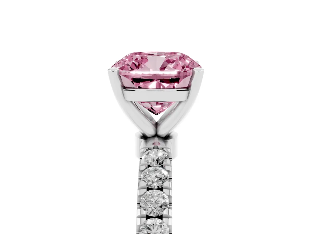 Fancy Pink Cushion Cut Diamond Solitaire Ring with Pavé Accents and Four-Prong Setting White gold