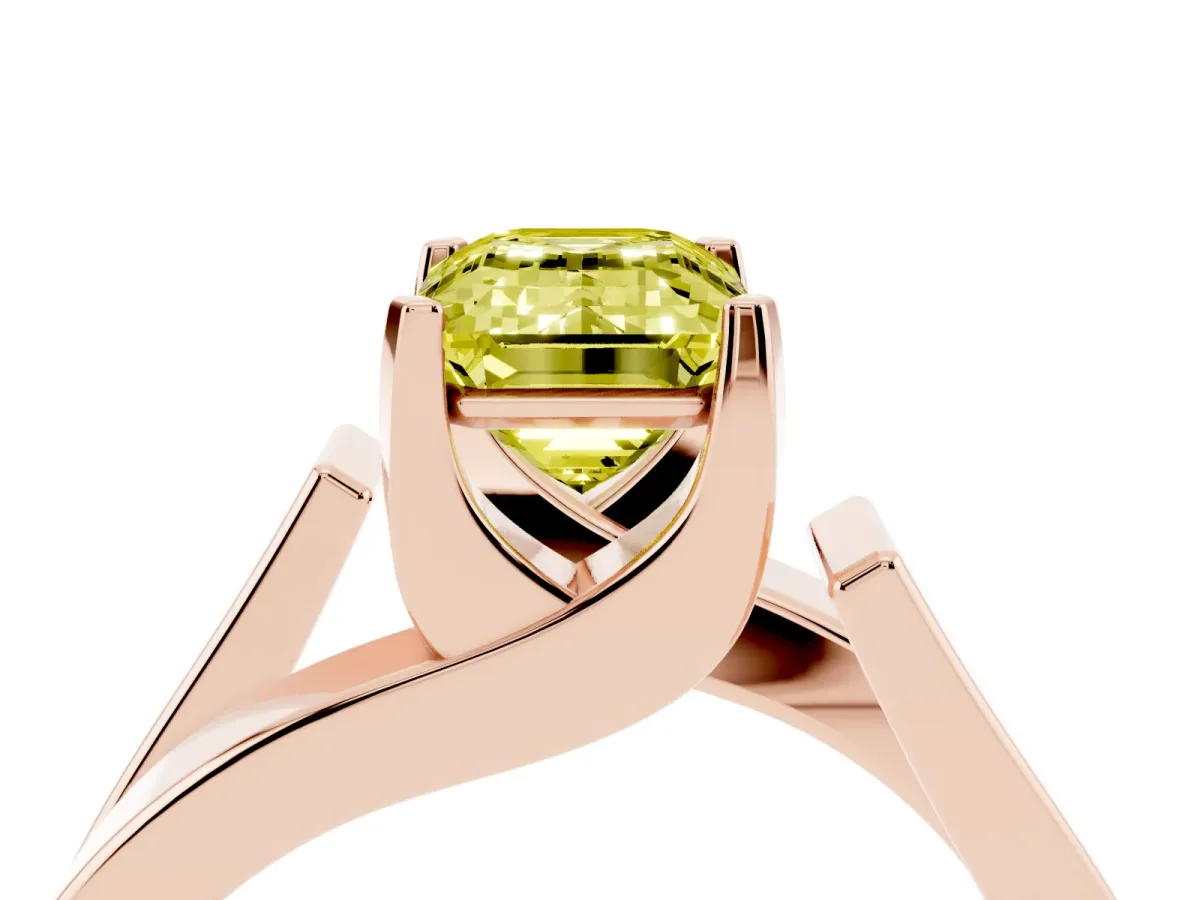 Fancy Yellow Modern Tension Set Emerald Cut Diamond Solitaire Wide Band Ring Rose gold