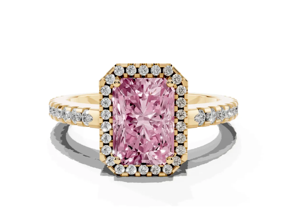Fancy Pink Radiant Cut Diamond Halo Engagement Ring with Pavé Band and Prong Setting Yellow gold