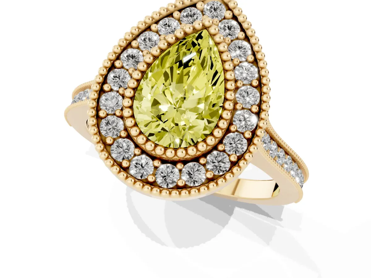 Fancy Yellow Pear Cut Diamond Halo Ring with Milgrain Frame and Pavé Band Yellow gold