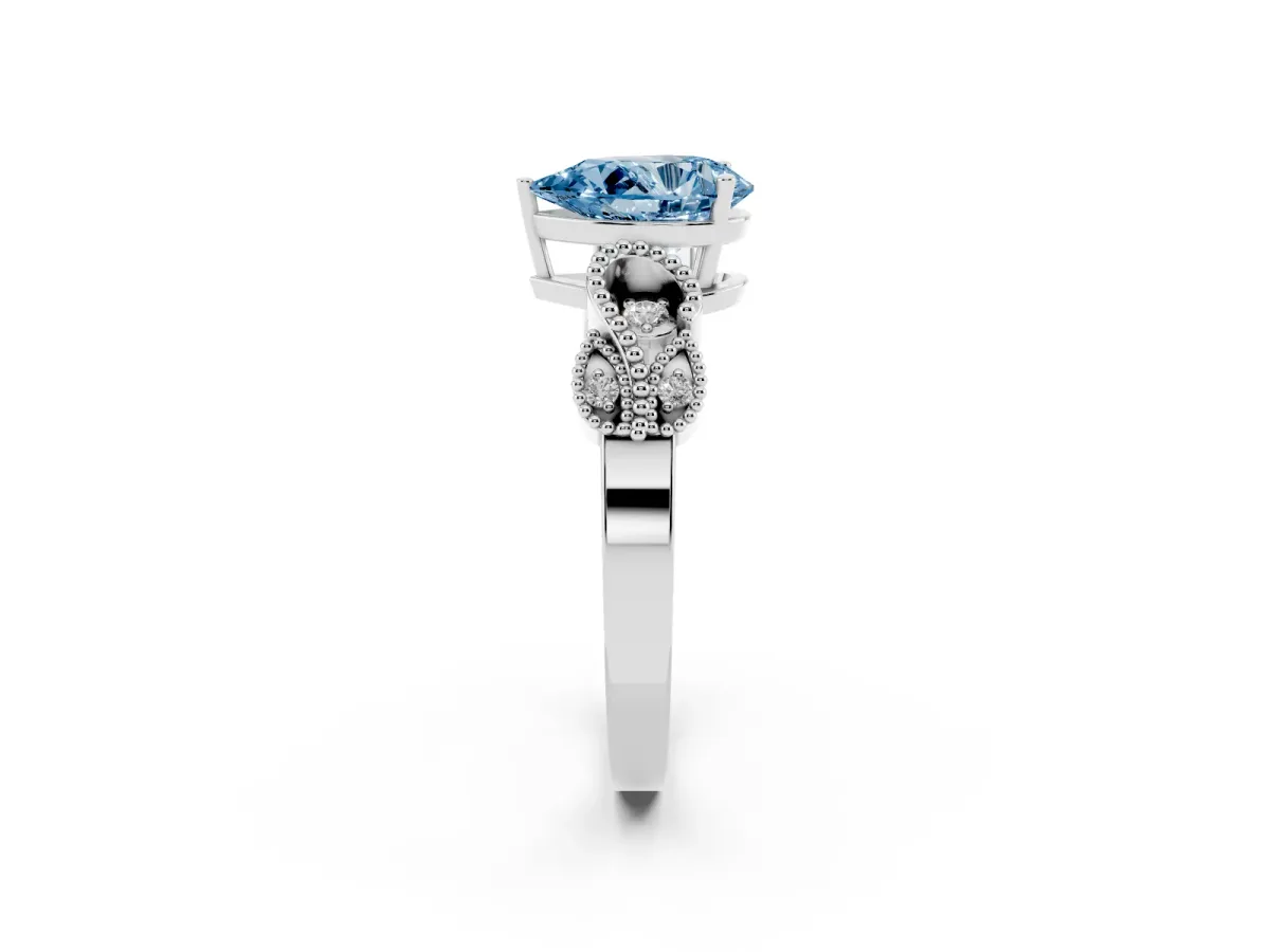 Fancy Blue Pear Cut Solitaire Milgrain Leaf Band with Prong Setting Silver